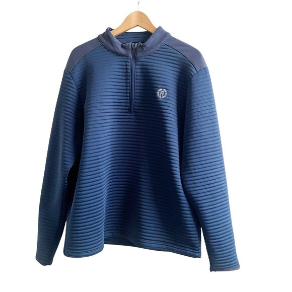 Under Armour Men’s Loose Mock Neck Sweater Size Large 3/4 Zip Ribbed Navy Logo - Picture 1 of 10